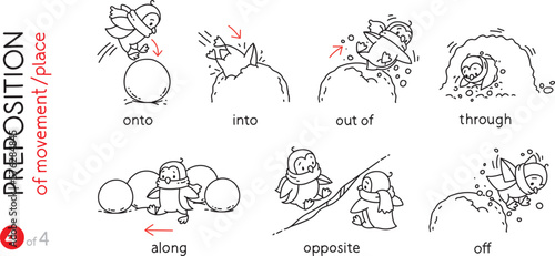 Preposition of movement Funny penguins cartoon set