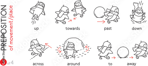 Preposition of movement Funny penguins cartoon set