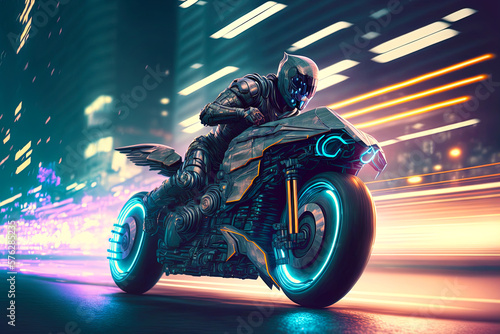 Mad rider on a motorcycle rides at high speed through the city's night street. Postproducted generative AI illustration. © LeArchitecto