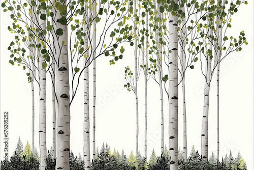 Illustration of summer forest birch trees with leaves, branches and catkins on white background. Generative AI.