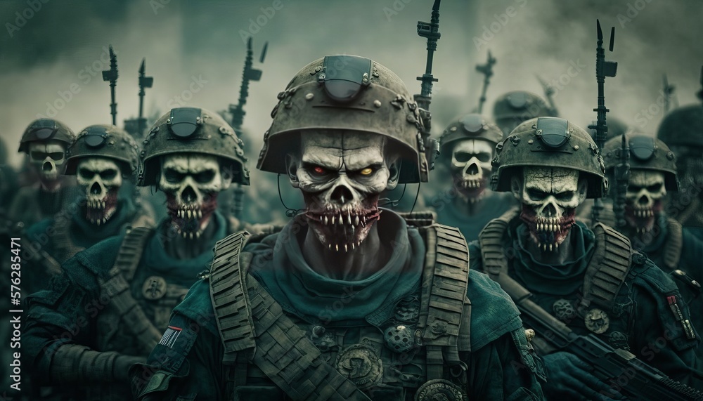 Fototapeta premium Fantasy scene with zombies on the road. Halloween. Horror movie. Generative AI