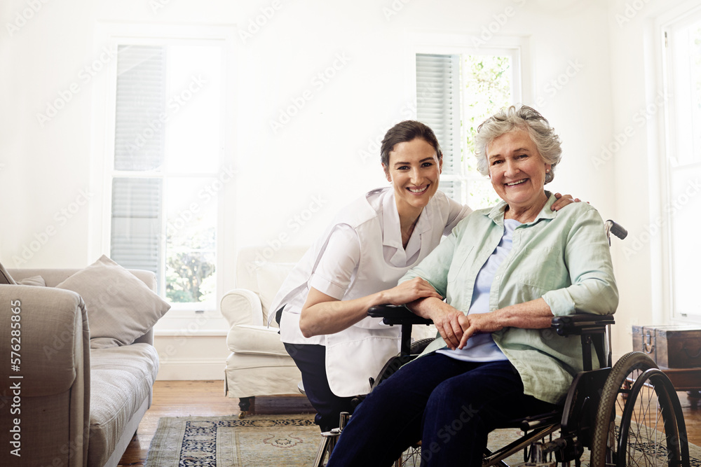 Nurse, portrait and woman disability in wheelchair, medical wellness or homecare support. Caregiver helping disabled patient, senior healthcare and service of elderly rehabilitation with mockup Nurse, portrait and woman disability in wheelchair, medical wellness or homecare support. Caregiver helping disabled patient, senior healthcare and service of elderly rehabilitation with mockup