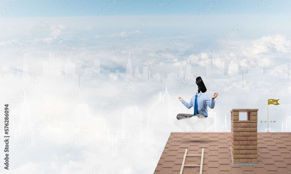 Concept of security and privacy protection with camera headed man meditating Concept of security and privacy protection with camera headed man meditating