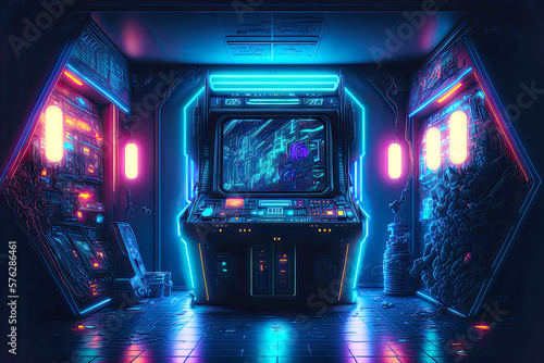 Arcade gaming machine at dark neon lighted room. Postproducted generative AI illustration. © LeArchitecto