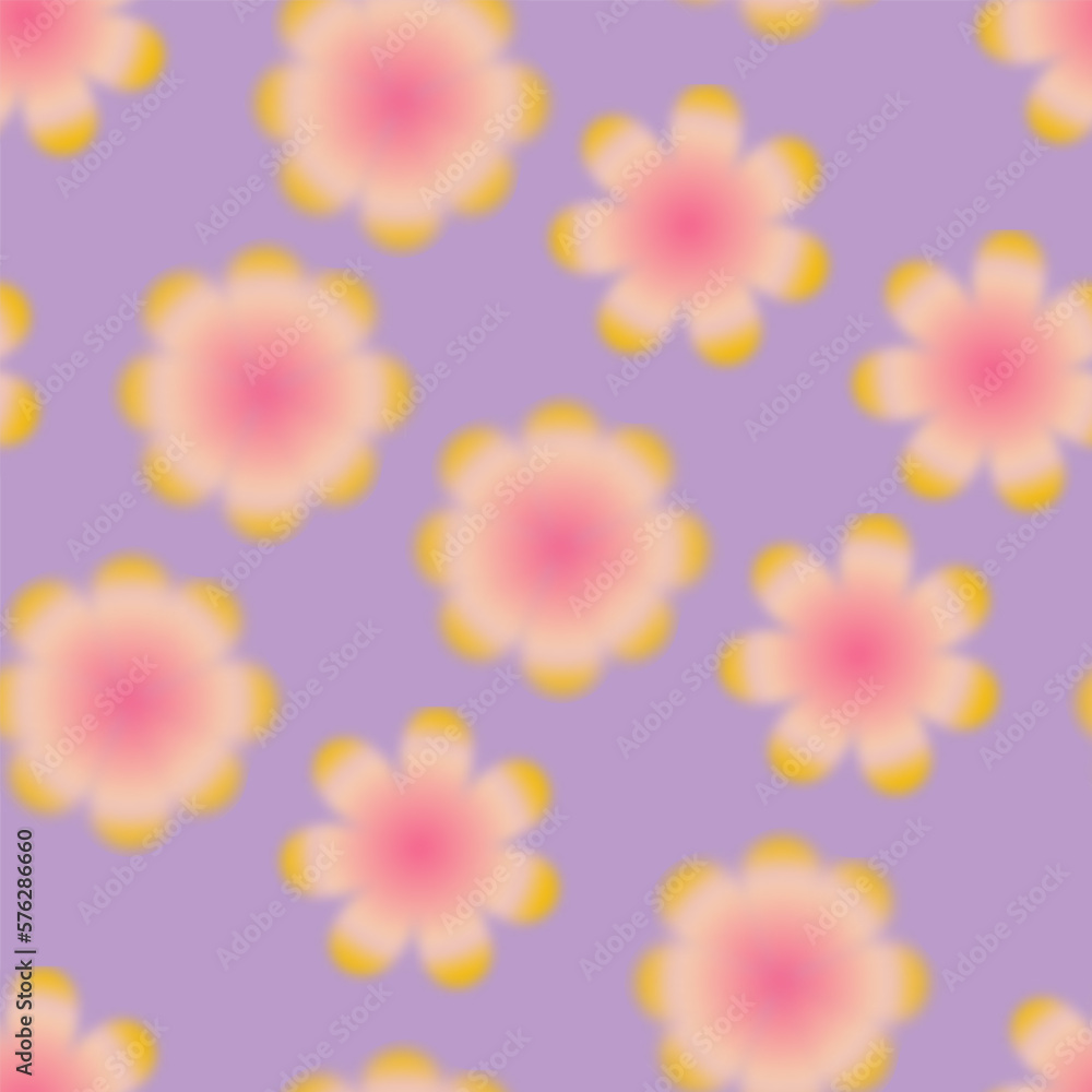 Trendy seamless pattern with y2k blurred gradient daisy flower on purple background. Groovy color background.
