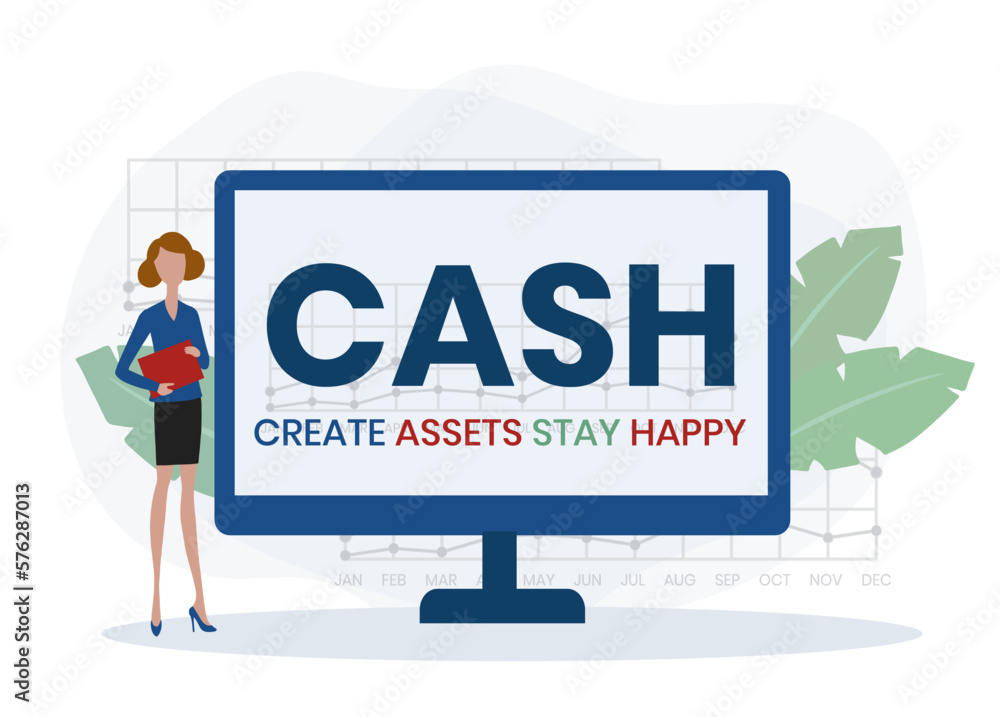 CASH - Create Assets Stay Happy acronym. business concept background. vector illustration concept with keywords and icons. lettering illustration with icons for web banner, flyer CASH - Create Assets Stay Happy acronym. business concept background. vector illustration concept with keywords and icons. lettering illustration with icons for web banner, flyer