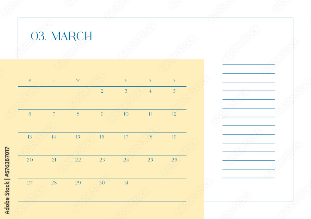 March 2023 simple design digital and printable calendar template