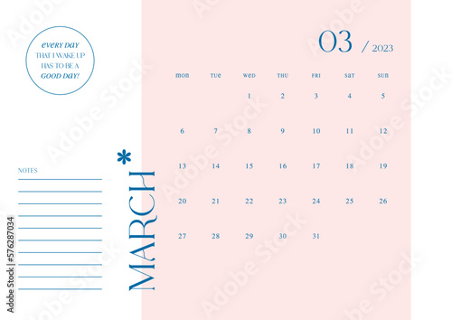 March 2023 simple design digital and printable calendar template illustration. Notes, scheduler, diary, calendar, memo, planner document template background. 
