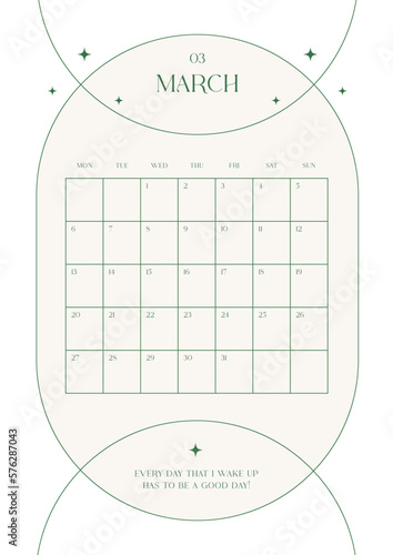 March 2023 simple design digital and printable calendar template illustration. Notes, scheduler, diary, calendar, memo, planner document template background. 