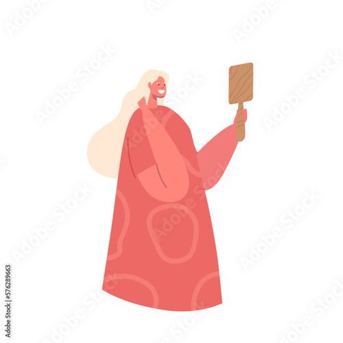 Attractive Young Woman in Casual Clothing Look in Mirror Refreshing Makeup or Preen before Dating. Female Character