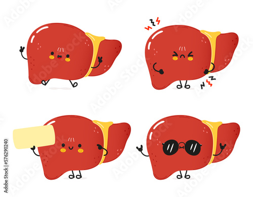 Funny liver characters bundle set. Vector hand drawn doodle style cartoon character illustration icon design. Cute liver mascot character collection