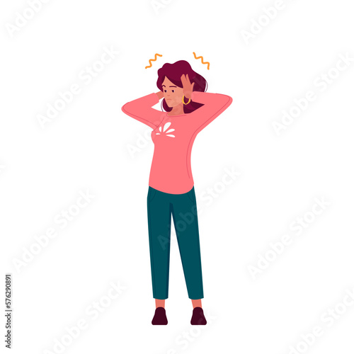 Frowning Woman Hand Over Ears During Conflict. Concept Of Avoidance, Denial, Or Refusal To Listen. Annoyed Female
