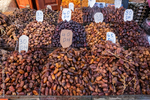 Different types of dates for sale in a souk in the Medina in Marrakech