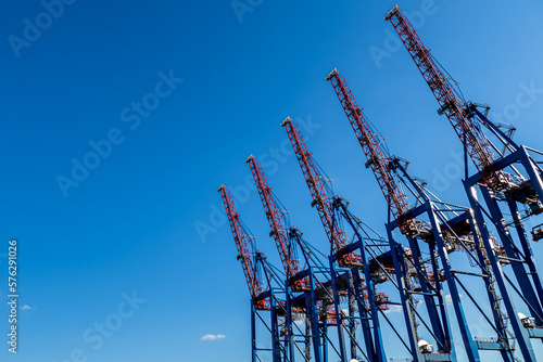 Low angle view of five red and blue cranes towering against a blue sky in the Port of Hamburg, conveying the importance of the global shipping industry and role of harbors in the world economy. photo