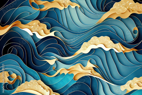 Sea waves pattern abstract background, blue and gold volumetric waves texture, imitation of watercolor painting created with Generative AI technology