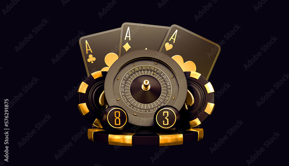 casino chip and cards poker blackjack baccarat Black And Red Ace Symbols With Golden Metal 3d render 3d rendering illustration casino chip and cards poker blackjack baccarat Black And Red Ace Symbols With Golden Metal 3d render 3d rendering illustration