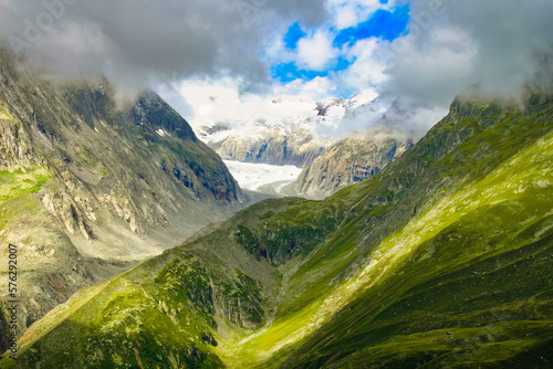 View of the mountains and the Aletschgletscher glacier from the Moosfluh viewpoint  Swiss Alps  Europe