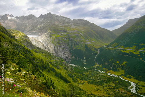 Panoramic view of the mountains at the Grimselpass mountain pass, Switzerland's border with Italy. The Swiss Alps, Europe