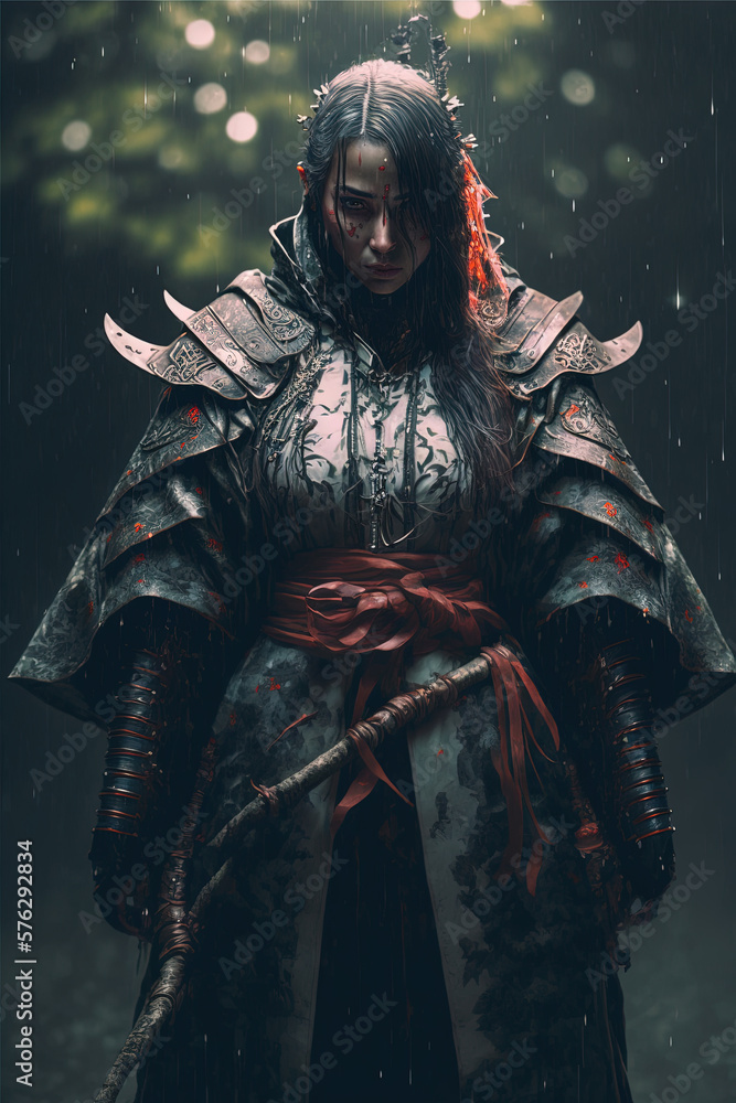 Fototapeta premium A woman standing in the rain wearing a kimono armour style coat, Generative AI