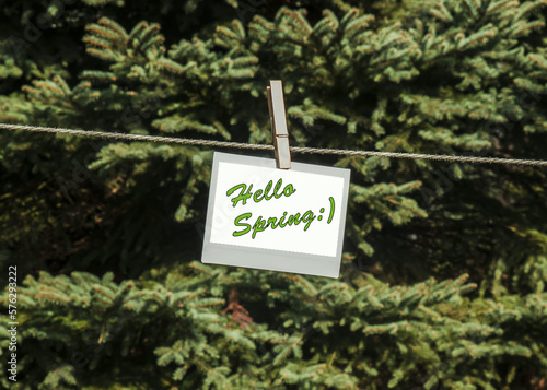 kartka z napisem Hello Spring na tle iglastych drzew w słoneczny dzień