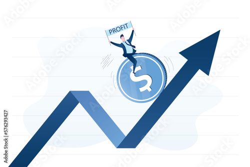 Happy trader rides big coin on growing chart. Arrow goes up, growth of stock market. Profitable trading on stock exchange. Successful businessman making profit and dividends from investments. photo
