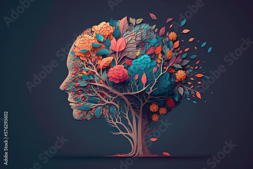 Human face tree with flowers, self care and mental health concept, positive thinking
