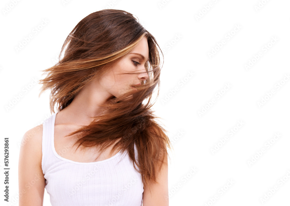 Her hair is filled with body and life. A beautiful young woman swooshing her hair against a white background. Her hair is filled with body and life. A beautiful young woman swooshing her hair against a white background.