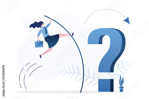Businesswoman pole vault over big question mark. Confident woman solving business problems, looking for answers, brainstorming concept.