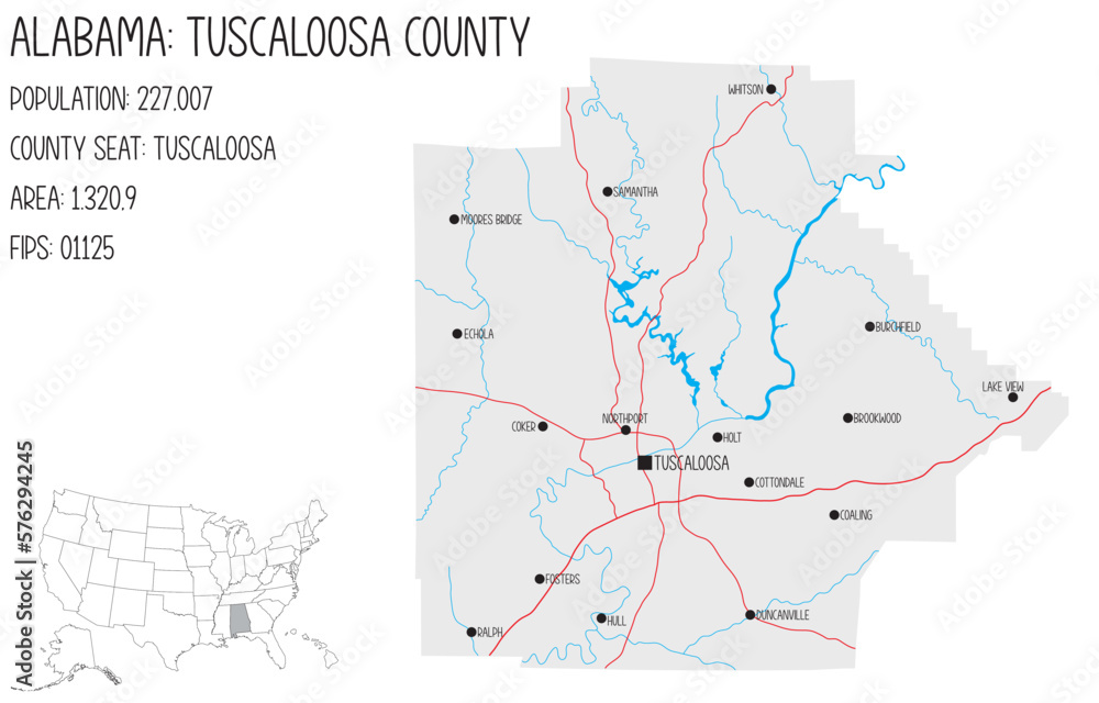 Large and detailed map of Tuscaloosa county in Alabama, USA.