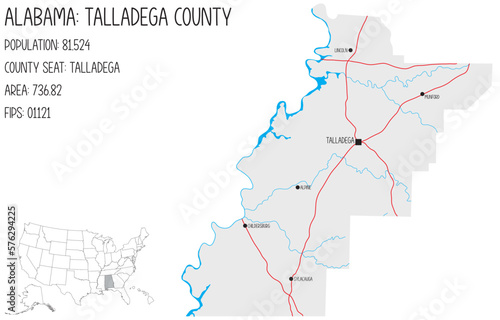 Large and detailed map of Talladega county in Alabama, USA.