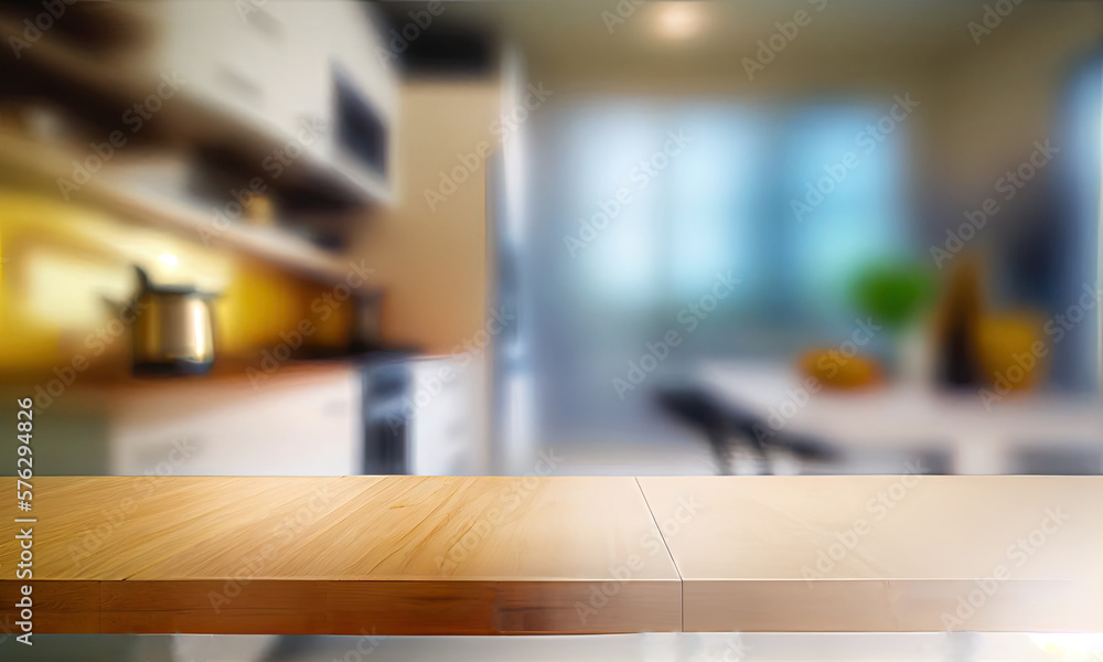 A blurry workplace in the kitchen with an empty wooden countertop in front of, generative AI A blurry workplace in the kitchen with an empty wooden countertop in front of, generative AI