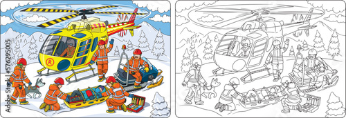 Rescue helicopter near the rescuers. Coloring book