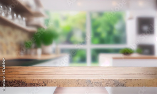 A blurry workplace in the kitchen with an empty wooden countertop in front of, generative AI © Enigma