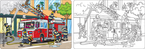 Firefighters near a fire truck. Coloring book