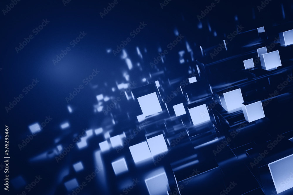Obraz premium Modern technological minimalistic background. Blue mirror cubes in space. Blue wallpaper