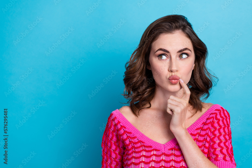 Portrait of attractive plump lips cute pretty girlfriend touch finger cheek thinking look empty space look mockup isolated on blue color background Portrait of attractive plump lips cute pretty girlfriend touch finger cheek thinking look empty space look mockup isolated on blue color background