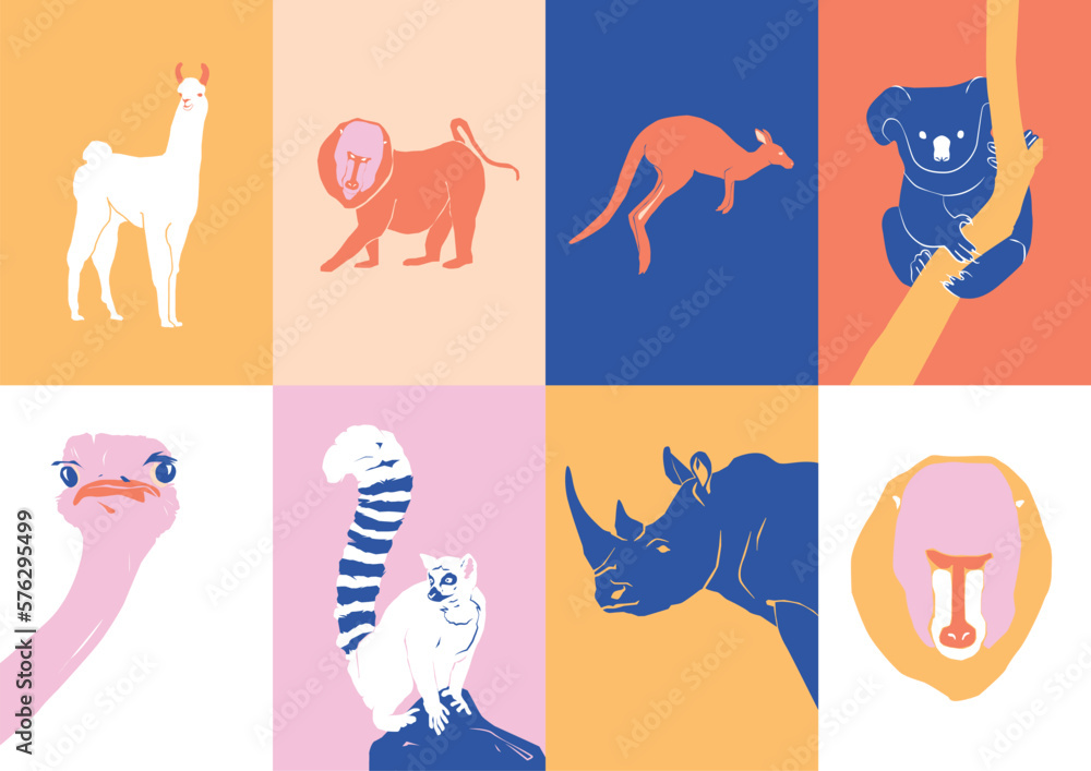Fototapeta premium Abstract vector illustration set of botanical printable posters and animals. Art for postcards, wall art, banner, background. 
