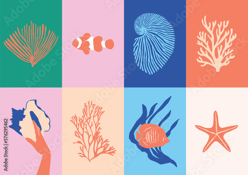 Abstract vector illustration set of botanical printable posters and animals. Art for postcards, wall art, banner, background.	