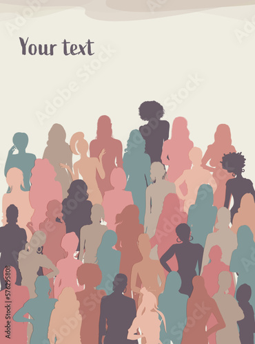Multicultural women and girls. Portrait front view silhouette. Women s day. Female social community of diverse culture. Equality. Colleagues. Empowerment or inclusion. Banner copy space