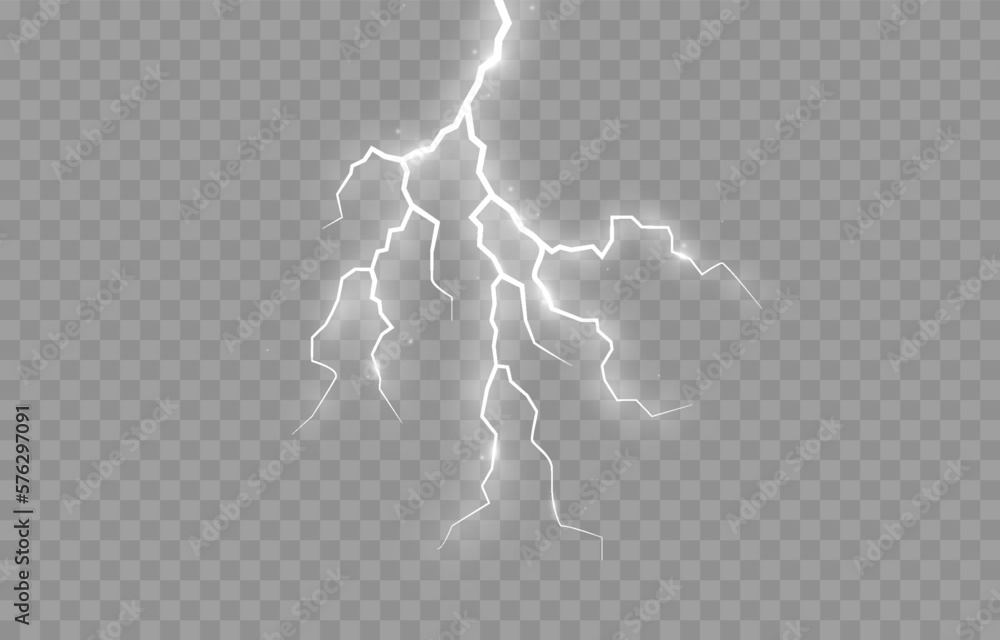 Lightning on an isolated transparent background. Flash of light, lightning png. Thunderstorm, natural phenomenon. Effect lightning png. Vector illustration.