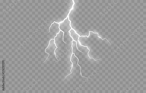 Lightning on an isolated transparent background. Flash of light, lightning png. Thunderstorm, natural phenomenon. Effect lightning png. Vector illustration.