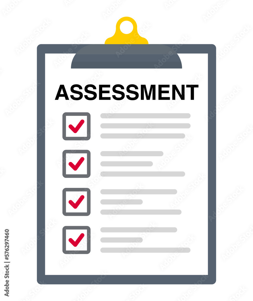 clipboard with checklist, clip board with assessment, checkbox with Assessment on clipboard