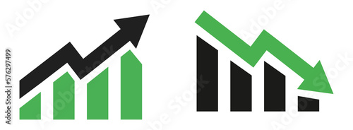 Foto graph with arrow going up, graph with arrow going down in black and green color,