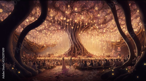 Vászonkép beautiful elvish celebration with tree of life in hall, Generative Ai
