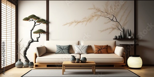 modern japanese living room concept with white sofa, Generative AI