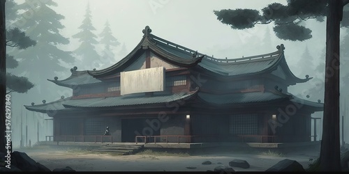 Japanese dojo with fog concept, Generative AI