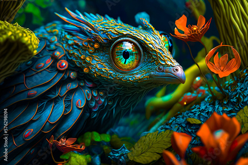 Foto Painting of blue bird with green eyes. Fantasy. Generative AI.