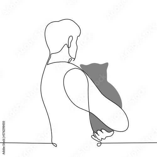 man stands with his back to the viewer holding a fat gray cat in his hands - one line drawing vector. concept cat lover cuddles with a pet