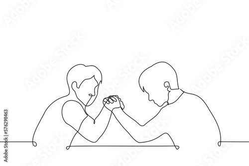 two men compete on their hands - one line drawing vector. concept arm wrestling