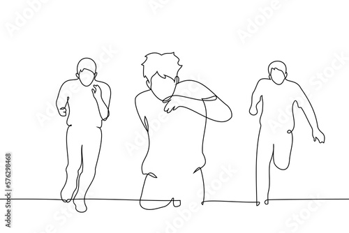 group of men running towards the viewer - one line drawing vector. concept marathon, competition